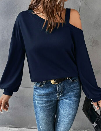 EQURİ Kadın Uzun Kollu Tek Omuz Askı Detay Salaş Viskon Iki Iplik Bluz