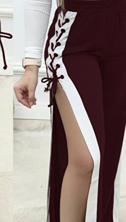 EQURİ Kadın Yüksek Bel Yandan çapraz Bağcıklı Yırtmaçlı Viskon Iki Iplik Pantolon