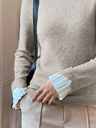 EQURİ Kadın Uzun Kollu Fırfırlı Yakalı Triko Krem Bluz