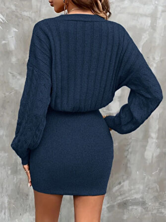 EQURİ Kadın Uzun Kollu V Yakalı önden Düğmeli Kısa Triko Elbise