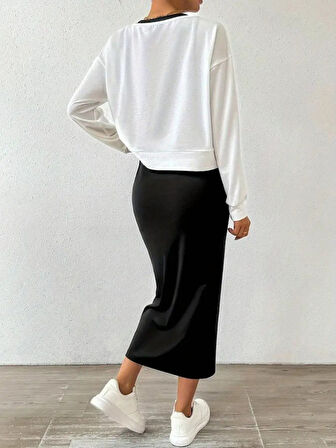 EQURİ Kadın Askılı Yuvarlak Yaka Viskon Iki Iplik Elbise Ve V Yakalı Bluz Ikili Takım