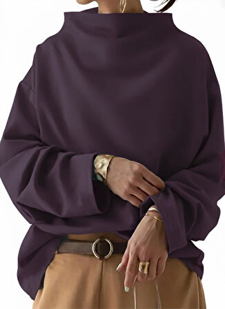 EQURİ Kadın Uzun Kollu Geniş Balıkçı Yaka Modal Mürdüm Bluz