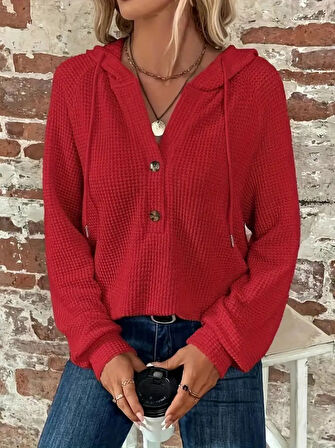 EQURİ Kadın Uzun Kollu Kapşonlu önü Düğmeli Ve Bağcıklı Waffle Bluz