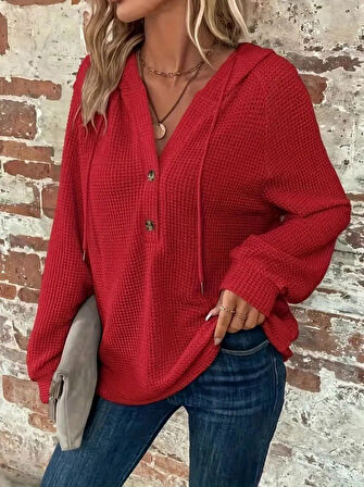 EQURİ Kadın Uzun Kollu Kapşonlu önü Düğmeli Ve Bağcıklı Waffle Bluz