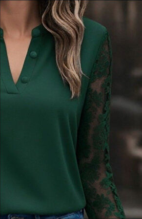 EQURİ Kadın Uzun Kollu Yaka Düğme Detay Güpürlü Kol Krep Bluz