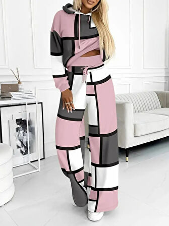EQURİ Kadın Uzun Kollu Kapşonlu Bağcıklı Desenli Iki Iplik Bluz Ve Pantolon Ikili Takım