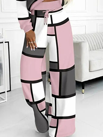 EQURİ Kadın Uzun Kollu Kapşonlu Bağcıklı Desenli Iki Iplik Bluz Ve Pantolon Ikili Takım