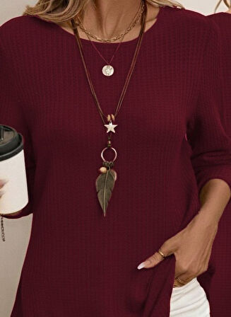 EQURİ Kadın Uzun Kollu Yuvarlak Yaka Arkadan Düğmeli Waffle Bluz