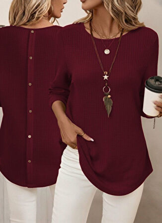 EQURİ Kadın Uzun Kollu Yuvarlak Yaka Arkadan Düğmeli Waffle Bluz