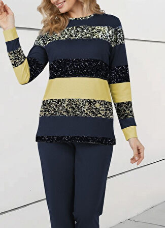 EQURİ Kadın Uzun Kollu Bisiklet Yaka çizgili Desen Iki Iplik Bluz Ve Pantolon Ikili Takım