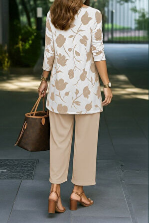 EQURİ Kadın Uzun Kollu önü Açık Modal Ceket Kolsuz Viskon Iki Iplik Bluz Ve Pantolon üçlü Takım