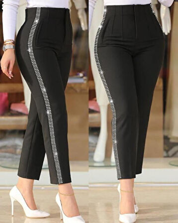 EQURİ Kadın Yüksek Bel Yanlardan Taş Detaylı Ithal Krep Pantolon