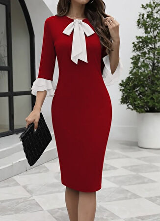 EQURİ Kadın Truvakar Kollu Fiyonk Yakalı Midi Ithal Krep Elbise