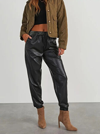 EQURİ Kadın Yüksek Bel Lastikli önü Düğmeli Deri Pantolon