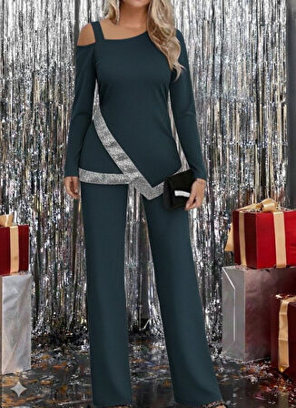 EQURİ Kadın Tek Omuzdan Açık Uzun Kollu önü Pulpayet Ithal Krep Bluz Ve Pantolon