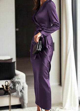 EQURİ Kadın Uzun Kollu Kruvaze Yakalı Beli Kuşaklı Uzun Saten Elbise