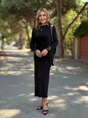 EQURİ Kadın Uzun Kollu Bisiklet Yaka Yandan Bağlamalı Uzun Modal Elbise