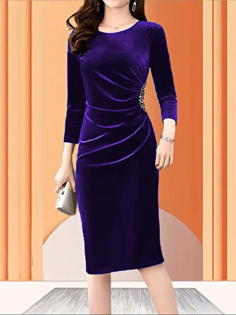 EQURİ Kadın Uzun Kollu Bot Yaka Yanı Taş Detaylı Midi Kadife Elbise