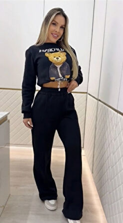 EQURİ Kadın Uzun Kollu Bisiklet Yaka Desenli Iki Iplik şardonlu Bluz Ve Pantolon Ikili Takım