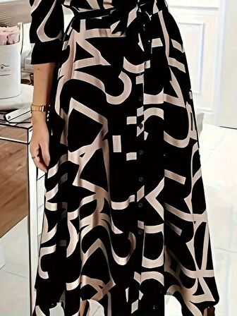 EQURİ Kadın Uzun Kollu Yakalı önden Düğmeli Uzun Süprem Elbise