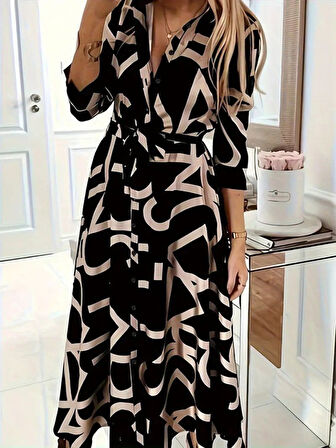 EQURİ Kadın Uzun Kollu Yakalı önden Düğmeli Uzun Süprem Elbise