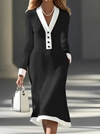 EQURİ Kadın Uzun Kollu V Yakalı Düğmeli Midi Modal Elbise