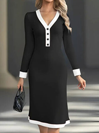EQURİ Kadın Uzun Kollu V Yakalı Düğmeli Midi Modal Elbise