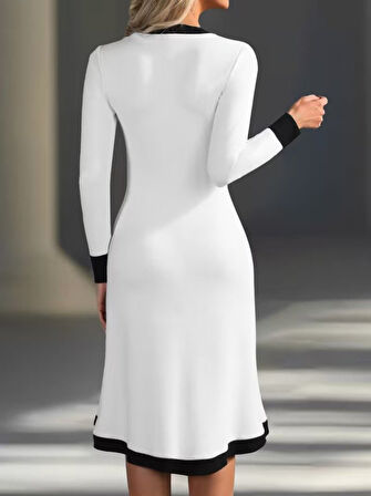 EQURİ Kadın Uzun Kollu V Yakalı Düğmeli Midi Modal Elbise