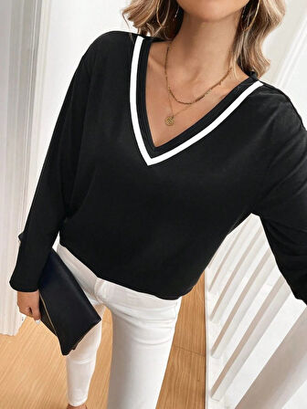 EQURİ Kadın Uzun Kollu V Yakalı Viskon Iki Iplik Bluz