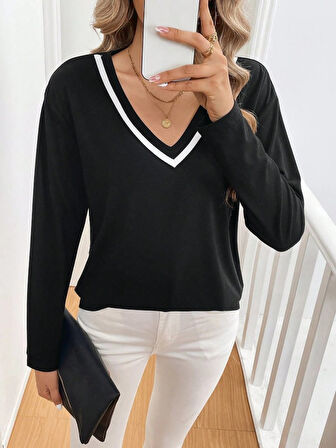 EQURİ Kadın Uzun Kollu V Yakalı Viskon Iki Iplik Bluz