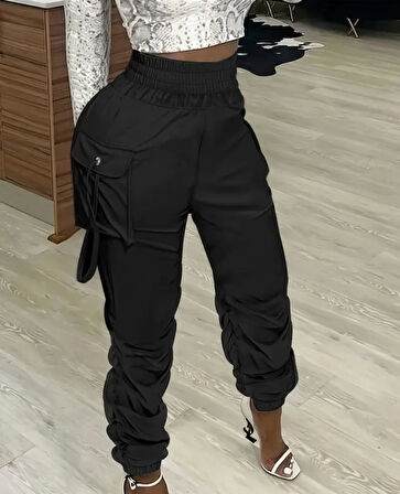 EQURİ Kadın Yüksek Bel Beli Lastikli Kargo Cep Detaylı Gabardin Pantolon