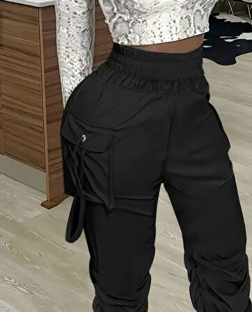 EQURİ Kadın Yüksek Bel Beli Lastikli Kargo Cep Detaylı Gabardin Pantolon