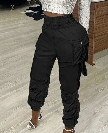 EQURİ Kadın Yüksek Bel Beli Lastikli Kargo Cep Detaylı Gabardin Pantolon