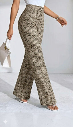 EQURİ Kadın Yüksek Bel Paçaya Doğru Geniş Dokuma Pantolon