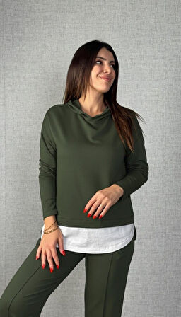 EQURİ Kadın Uzun Kollu Kapşonlu Bağcıklı Viskon Iki Iplik Bluz Ve Pantolon Ikili Takım