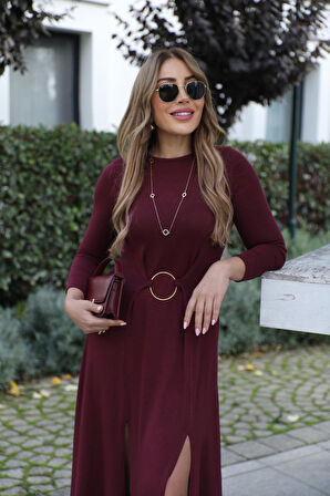 EQURİ Kadın Uzun Kollu Bisiklet Yaka önden Halka Detaylı Yırtmaçlı Uzun Viskon Iki Iplik Elbise