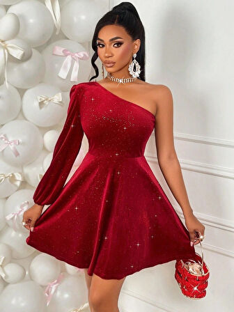 EQURİ Kadın Tek Omuzdan Açık Uzun Kollu Taşlı Mini Elbise