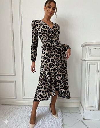 EQURİ Kadın Uzun Kollu Kruvaze Yaka Yandan Bağlamalı önden Fırfır Detaylı Süprem Uzun Elbise