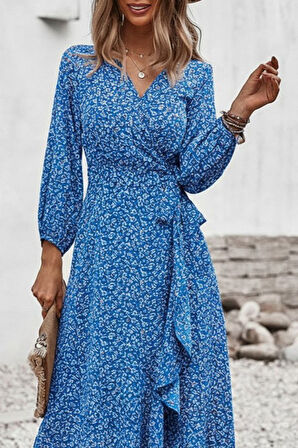 EQURİ Kadın Uzun Kollu Kruvaze Yaka Yandan Bağlamalı önden Fırfır Detaylı Süprem Uzun Elbise