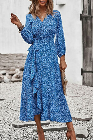 EQURİ Kadın Uzun Kollu Kruvaze Yaka Yandan Bağlamalı önden Fırfır Detaylı Süprem Uzun Elbise