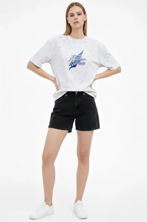 EQURİ Asit Yıkamalı Oversize Tişört Future Worlds Baskılı Bisiklet Yaka Kısa Kollu Streetwear %100 P
