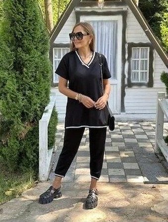 EQURİ Kadın Kısa Kollu V Yakalı Iki Iplik Bluz Ve Pantolon Ikili Takım