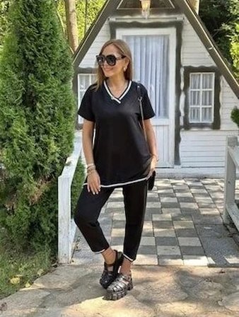 EQURİ Kadın Kısa Kollu V Yakalı Iki Iplik Bluz Ve Pantolon Ikili Takım
