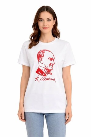 EQURİ Atatürk Baskılı Tişört Kısa Kollu Bisiklet Yaka T-Shirt - Beyaz