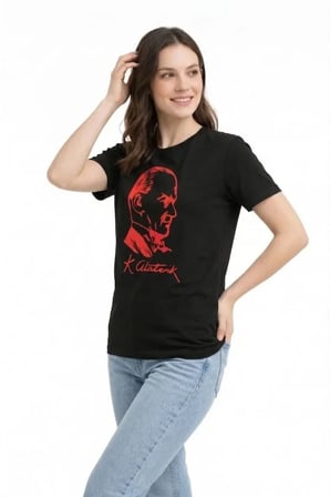 EQURİ Atatürk Baskılı Tişört Kısa Kollu Bisiklet Yaka  T-Shirt - Siyah