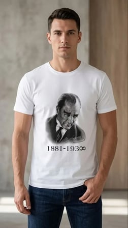 EQURİ Erkek Atatürk Baskılı Tişört Kısa Kollu Bisiklet Yaka  T-Shirt - Beyaz