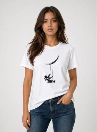 EQURİ Astronot Ay Temalı Tişört Kısa Kol Yazlık Bisiklet Yaka T-Shirt - Beyaz