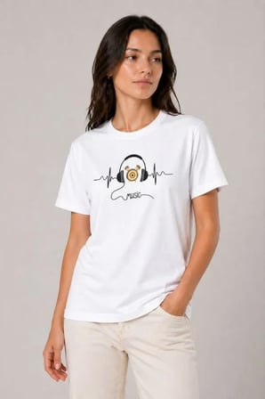 EQURİ Müzik Temalı Baskılı Tişört Bisiklet Yaka Kısa Kol T-Shirt - Beyaz