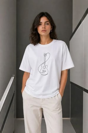 EQURİ Minimal Gitar Baskılı Tişört T-Shirt Yazlık Kısa Kol Bisiklet Yaka T-Shirt  - Beyaz