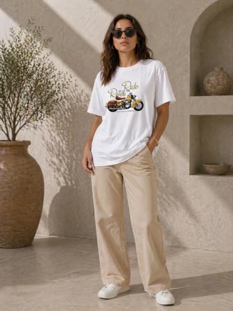 EQURİ Motosiklet Baskılı Tişört Bisiklet Yaka Kısa Kol Yazlık T-Shirt - Beyaz